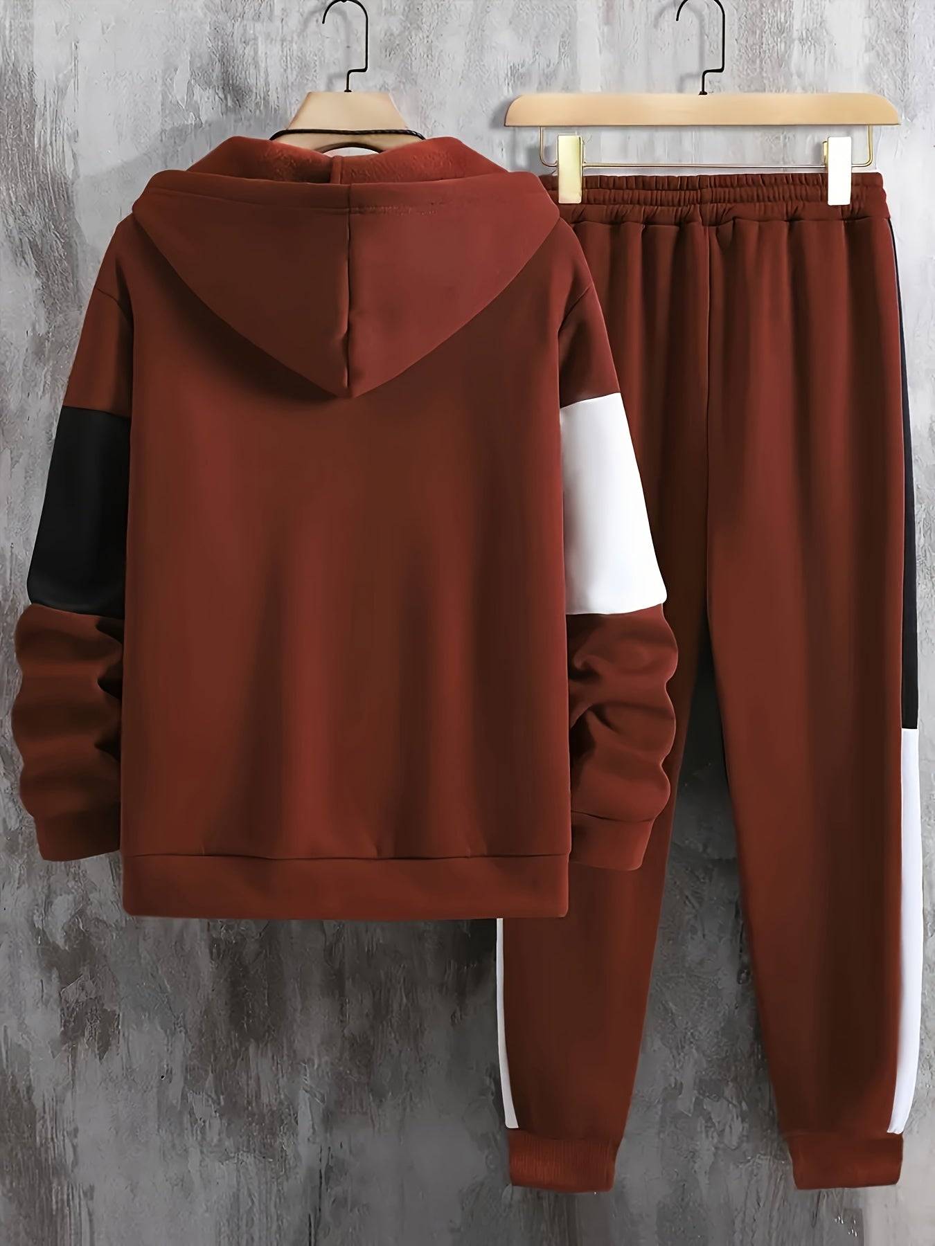 Men's Two-Piece Tracksuit, Contrast Zipper Hoodie with Long Sleeves and Drawstring Pants, Casual Outfit for Outdoor Wear