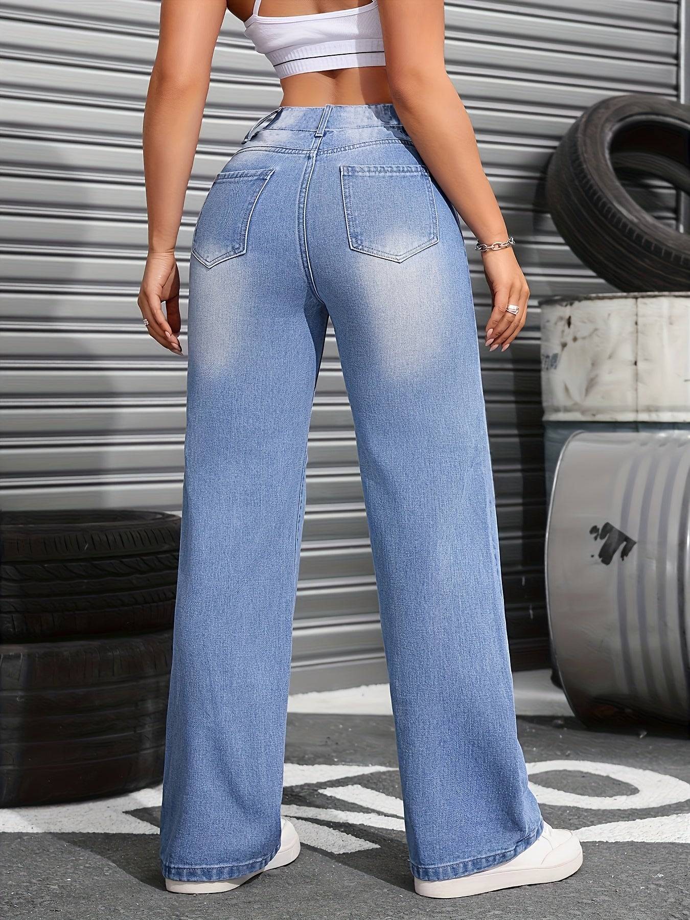 Women’s High-Waisted Stretch Jeans Distressed Wide-Leg Denim in Blue Casual Office-Ready Style