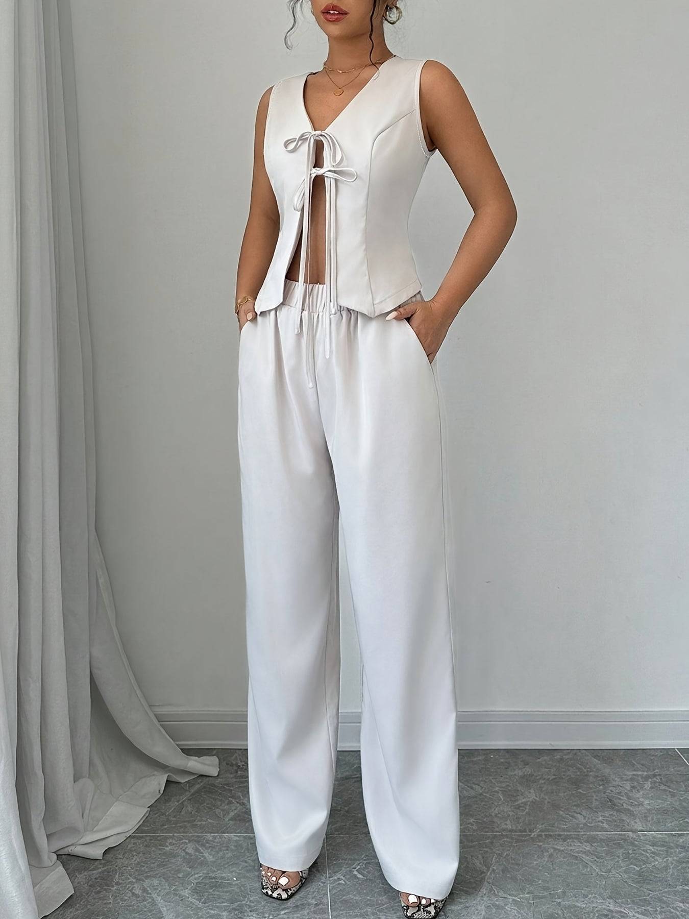 Women’s Elegant Sleeveless Blazer & Wide-Leg Pantsuit, Chic Solid Color Polyester Outfit for Summer Office Wear & Semi-Formal Style