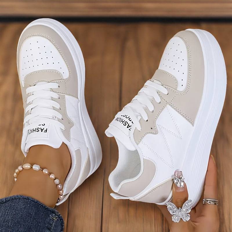 Women’s Platform Sneakers, Casual Lace-Up Low-Top Shoes with Breathable Mesh, PU Upper & EVA Insole, White/Beige