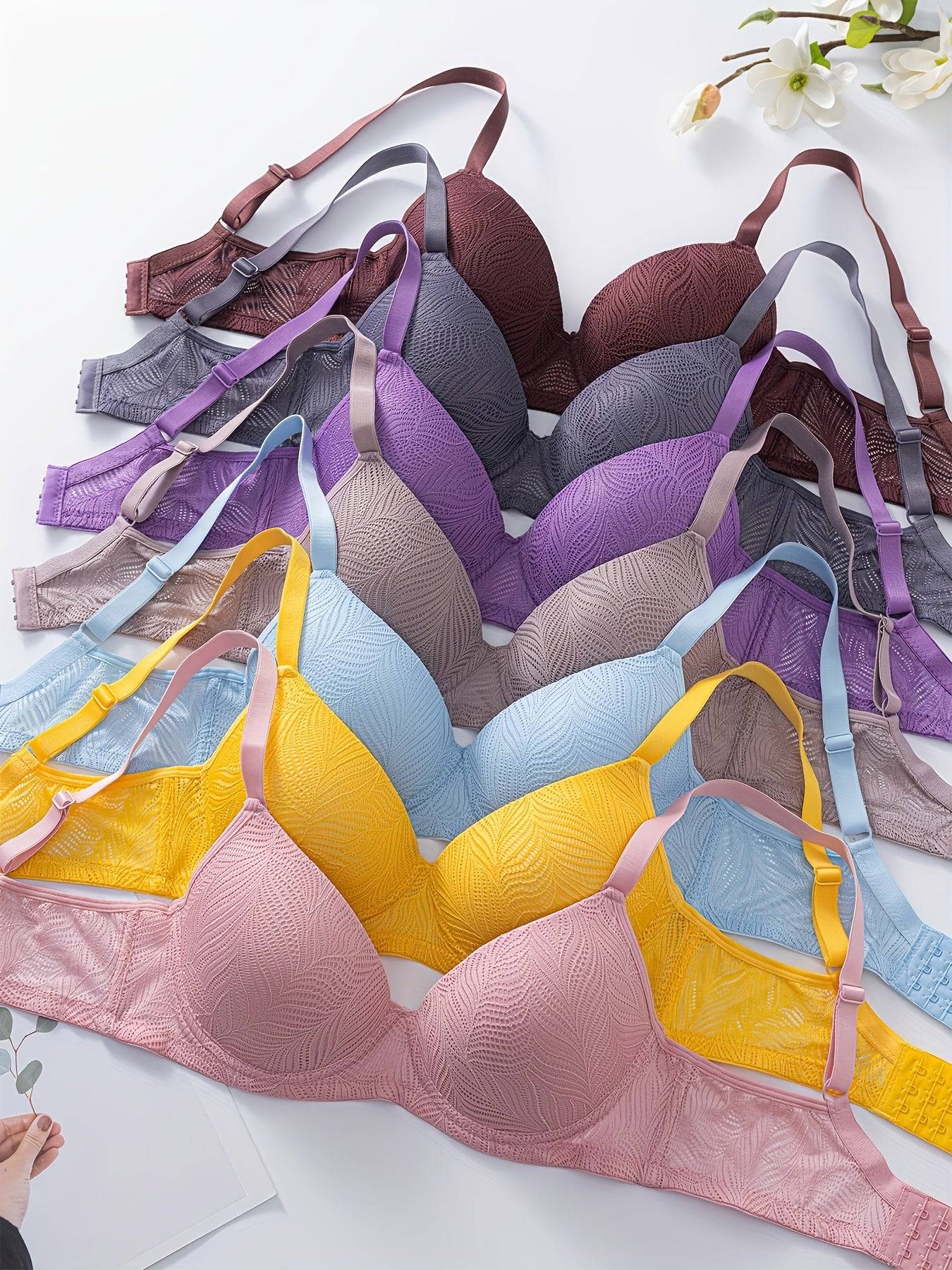 7-Pack Women's Push Up Bras – Comfortable Everyday Lingerie with Underwire Support, Lace Detail & Non-Removable Padding in Multiple Colors