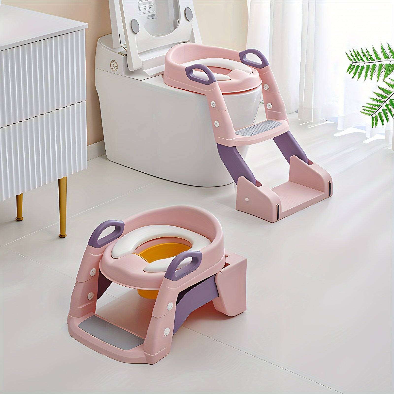 2-in-1 potty training seat for toddlers, adjustable height, soft cushion, anti-slip base and foldable design