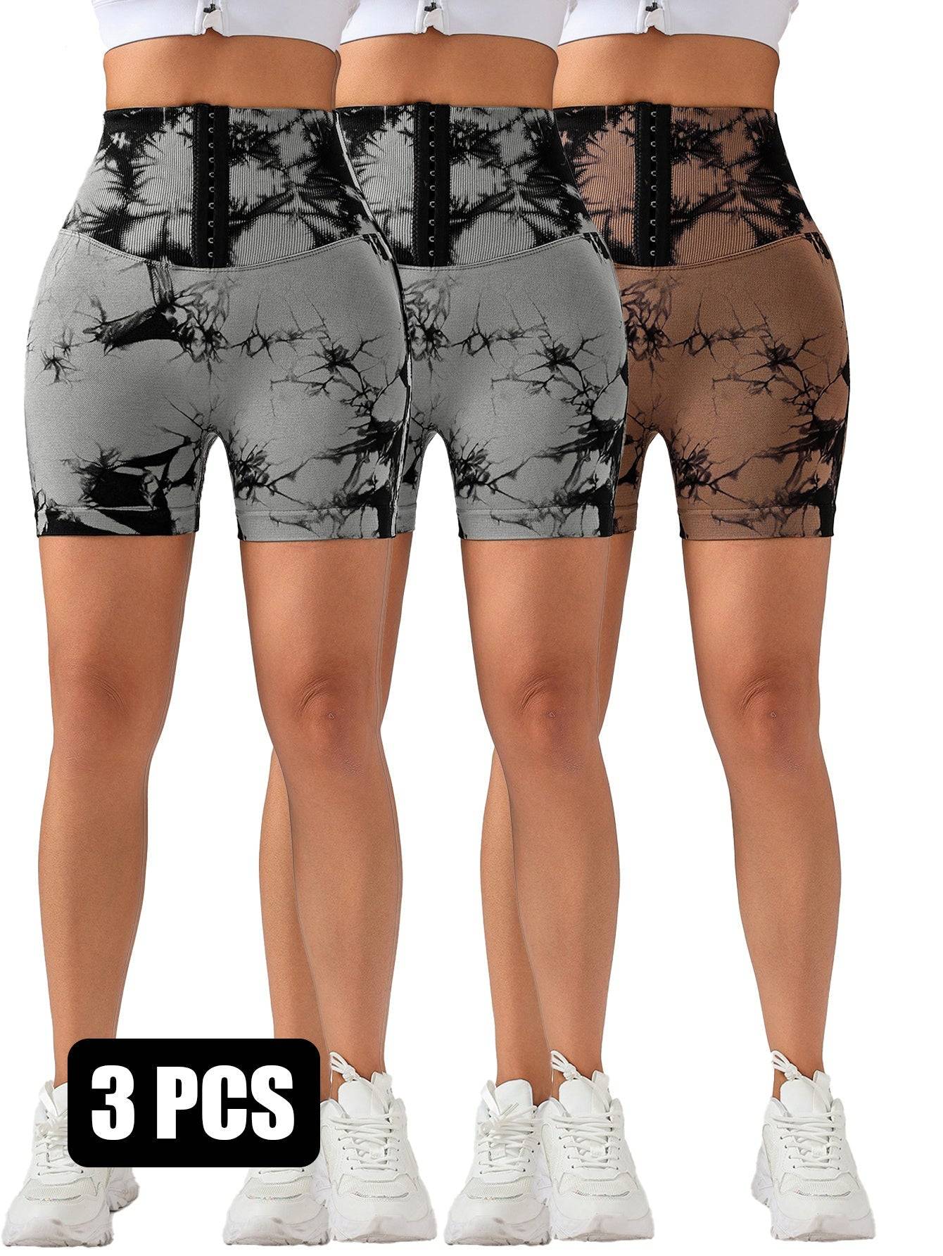 3 Pack Seamless Tie Dye High Waist Shorts Tummy Control