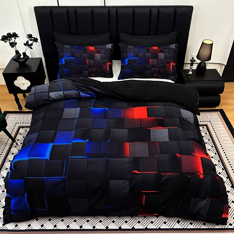 Cool Tech Duvet Cover Set 3-Piece – Red & Blue Digital Print Bedding, All-Season for Twin to King