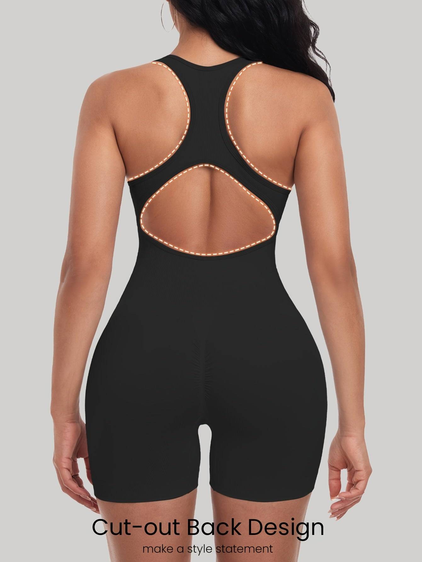 Women’s One-Piece Compression Romper – Sleeveless Backless Jumpsuit with Padded Bust & Ruched Back, Medium-Stretch Fabric for Beachwear & Casual Wear