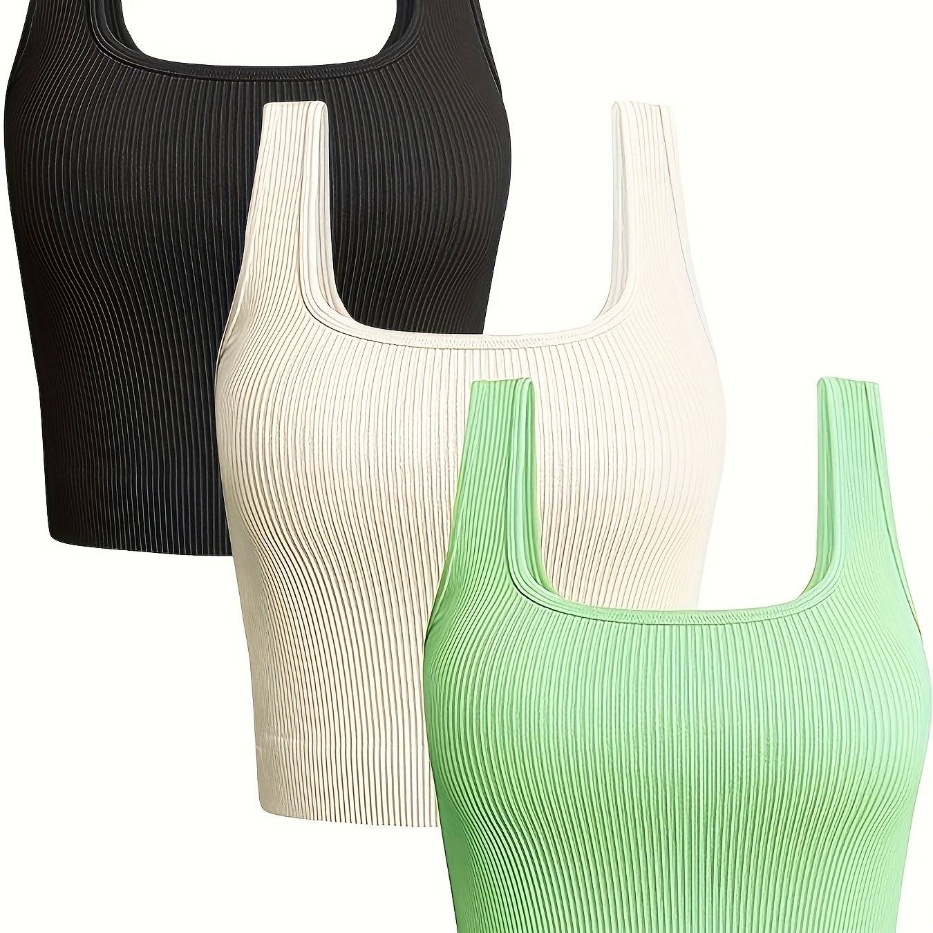 3-Pack Women’s Seamless Ribbed Crop Tank Tops, Square Neck Sleeveless Shirts in Solid Colors, Regular Fit for All-Season Casual Wear