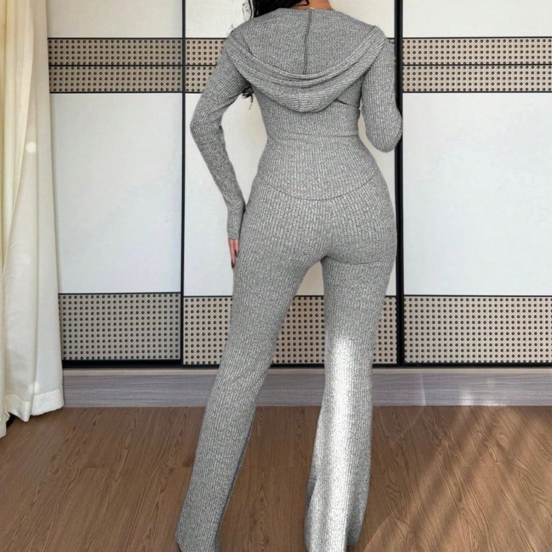 Womens Two Piece Set Hooded Jacket Flare Pants