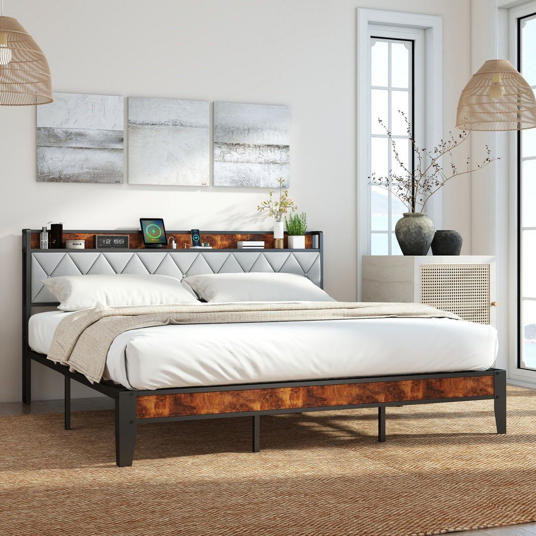 Upholstered Bed Frame with Headboard Storage and Charging