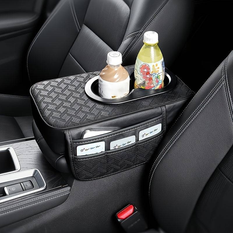 Universal Car Center Console Organizer with 2 Cup Holders and 2 Pockets, Faux PU Leather Armrest Cover with Multifunctional Storage for Phone and Accessories