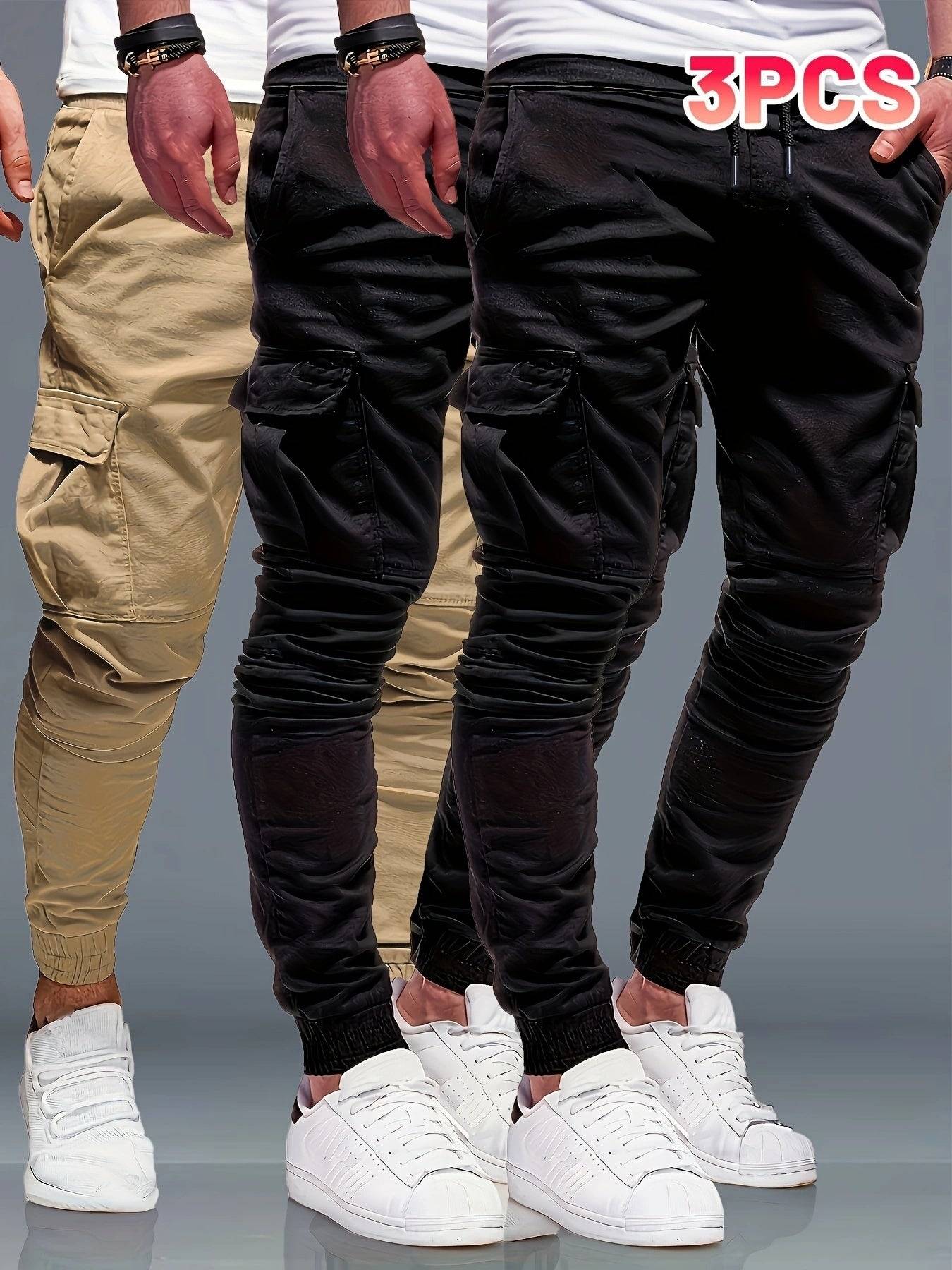 3pcs men's drawstring jogger pants with elastic waist, multi-pocket, regular fit, solid color for gym and casual use