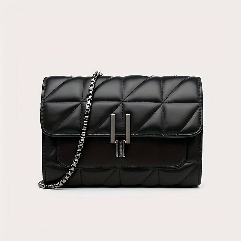 Small Black Belt Bag with Chain Strap – Scottish Pattern, Lock Closure, Faux Leather, Light Luxury Style