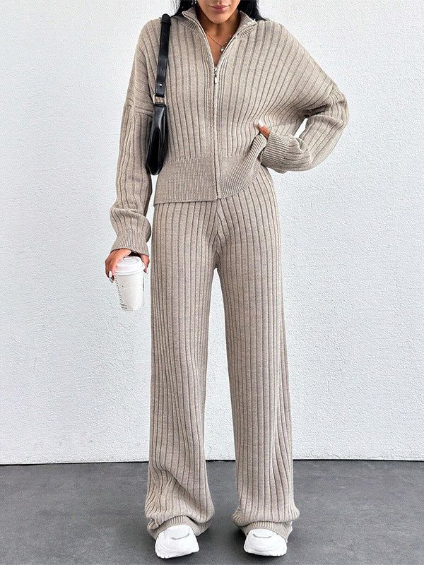 Women's Casual Two-Piece Set for Fall and Winter, Loose Fit Zip-Up Top and Pants