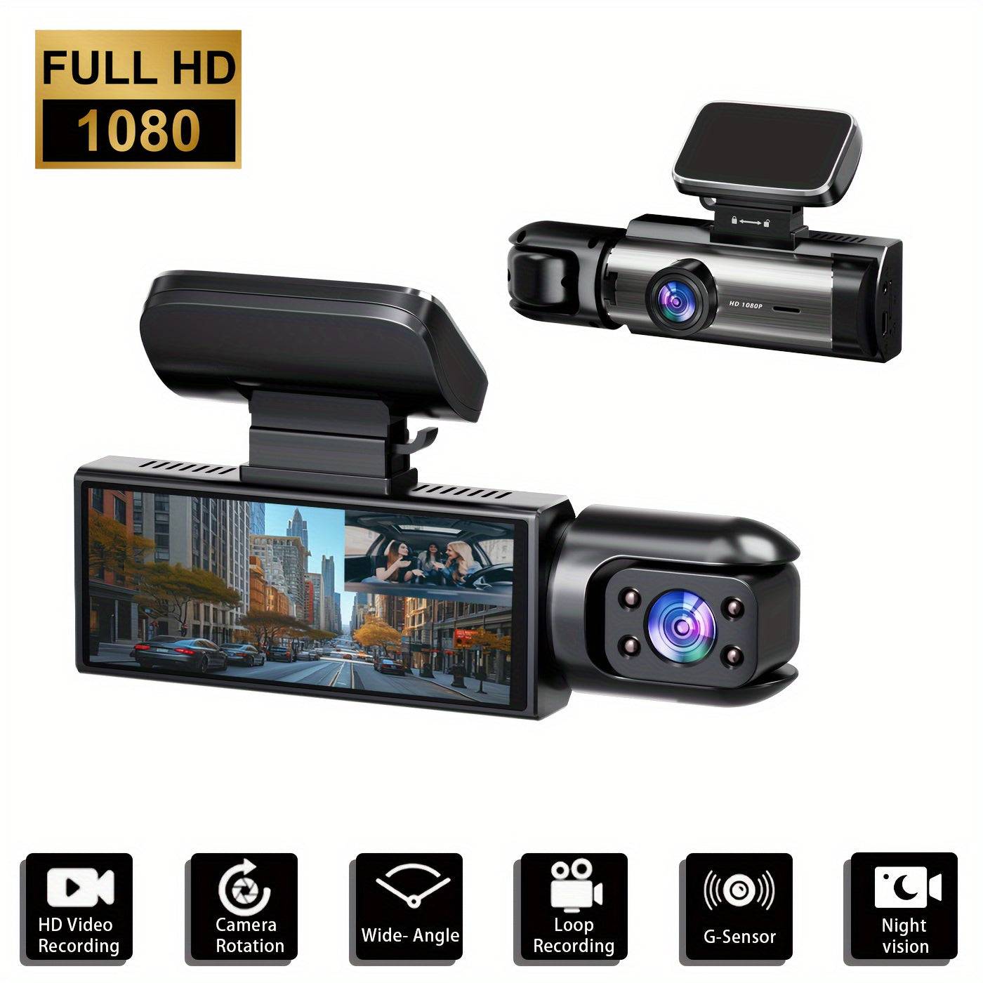 1080P dual dash cam with front and cabin cameras, IR night vision, loop recording, wide-angle lens, 3.16" IPS screen