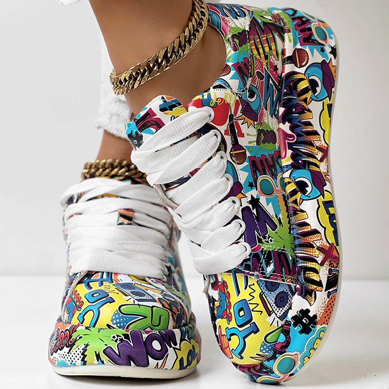 Geometric Print Sneakers With Lace Up Style And Thick Sole