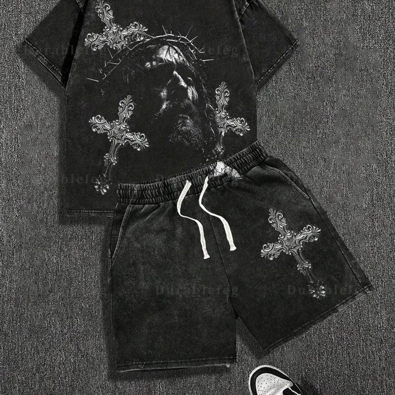 Men’s Washed Cotton T-Shirt & Shorts Set – Cross Print Summer Outfit for Outdoor Sports & Casual Wear
