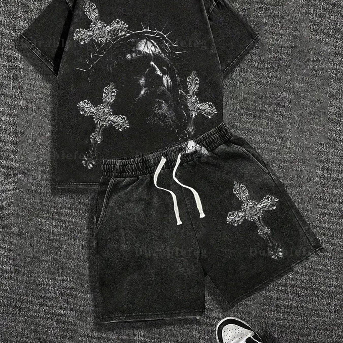 Men’s Washed Cotton T-Shirt & Shorts Set – Cross Print Summer Outfit for Outdoor Sports & Casual Wear