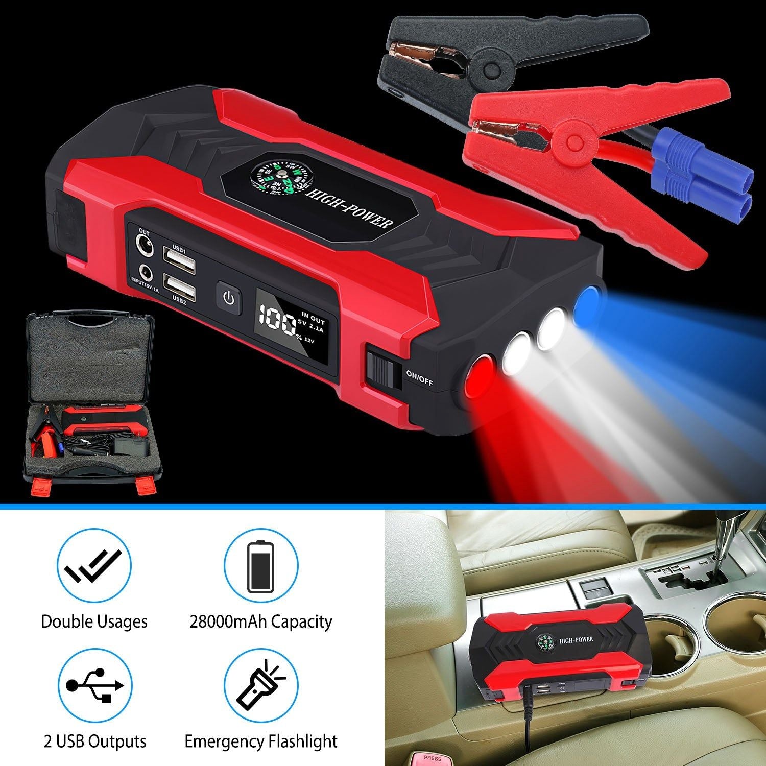 800A 28000mAh Car Jump Starter With LED And USB Power