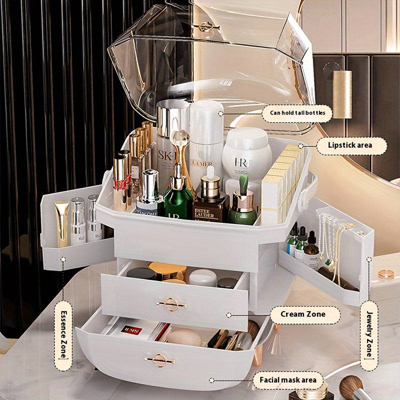Multi-zone cosmetic storage box with labeled compartments for lipstick, cream, essence, and jewelry, ideal for organized beauty storage.