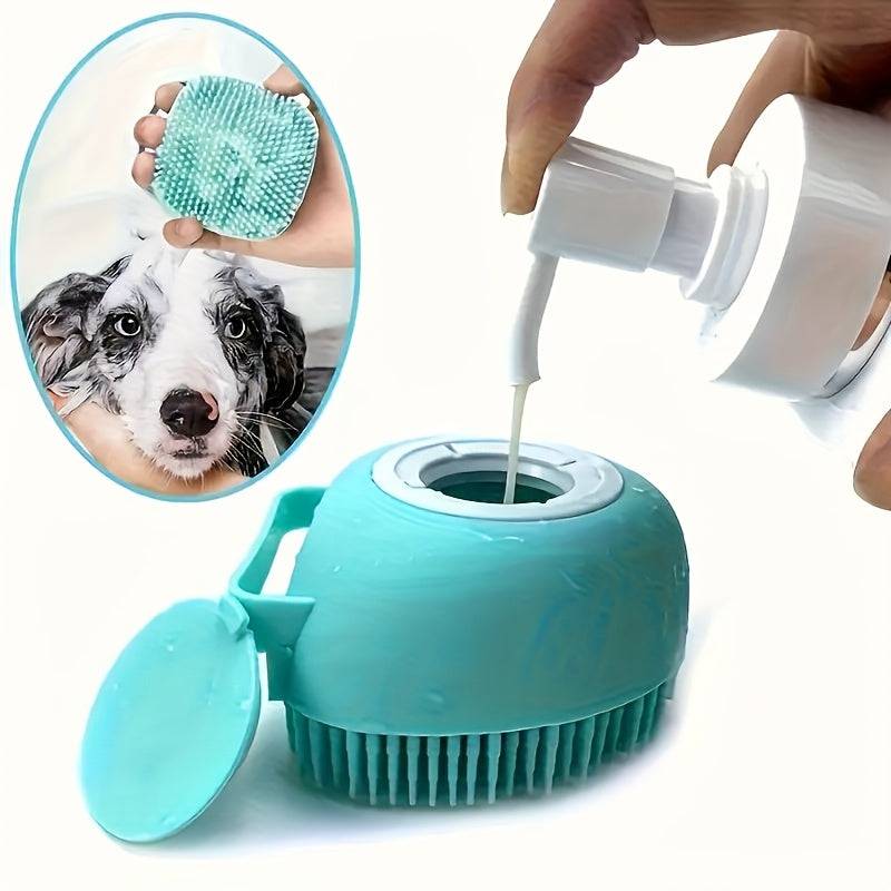 Dog and cat bath brush with shampoo dispenser, soft silicone bristles, ideal for long and short hair during shower