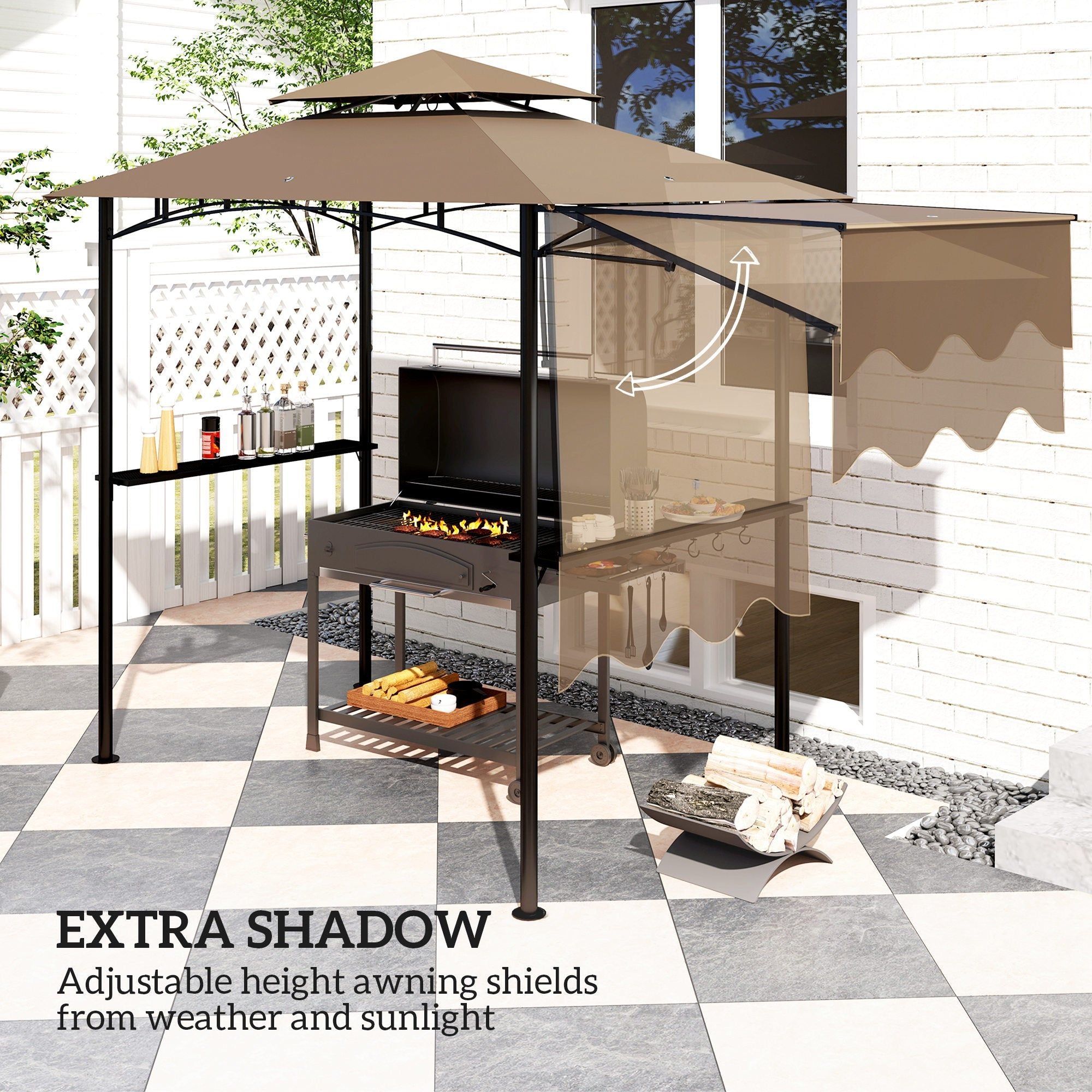 Outdoor Grill Gazebo With Double Roof And Side Shelves