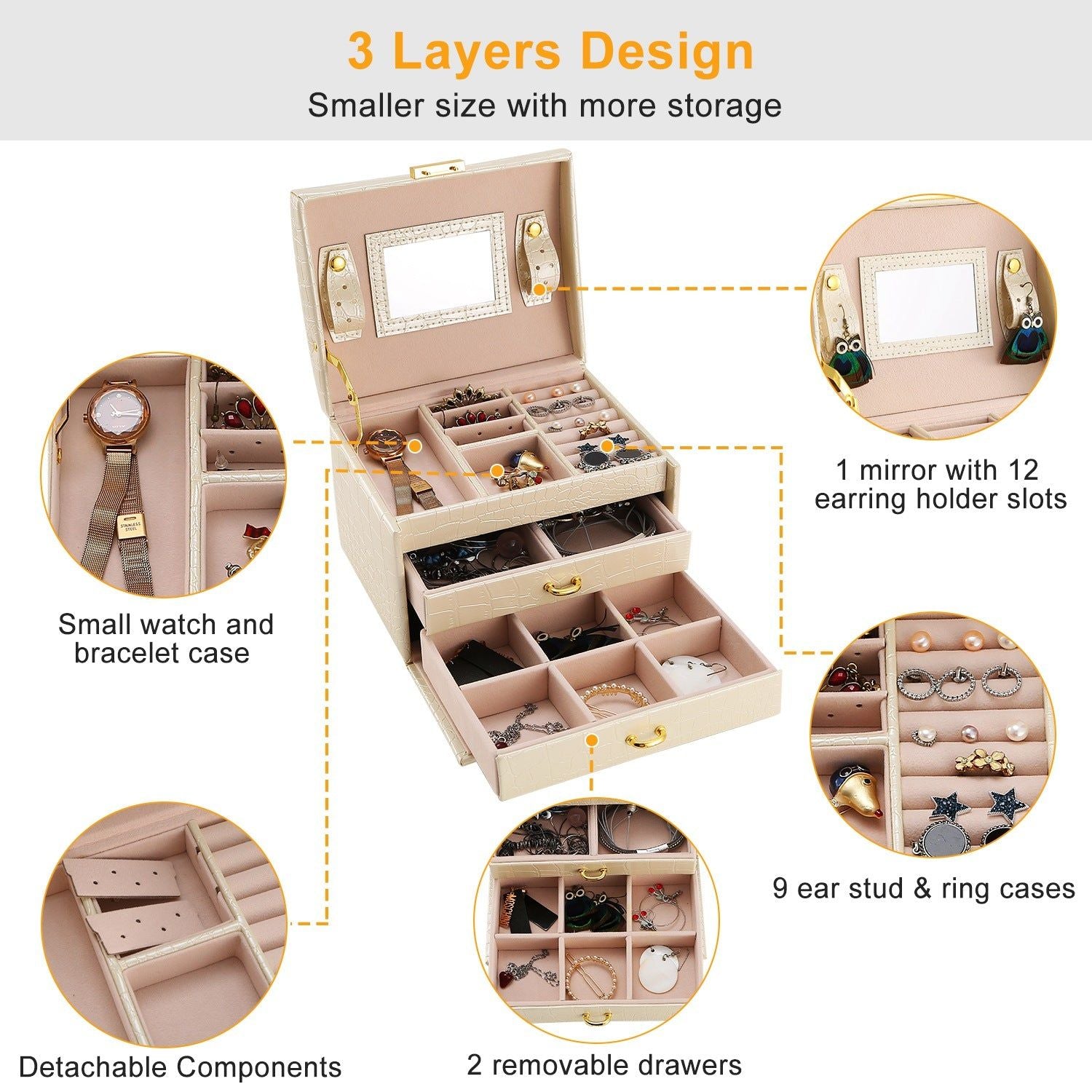 3 Layer Lockable Jewelry Box Organizer with Mirror