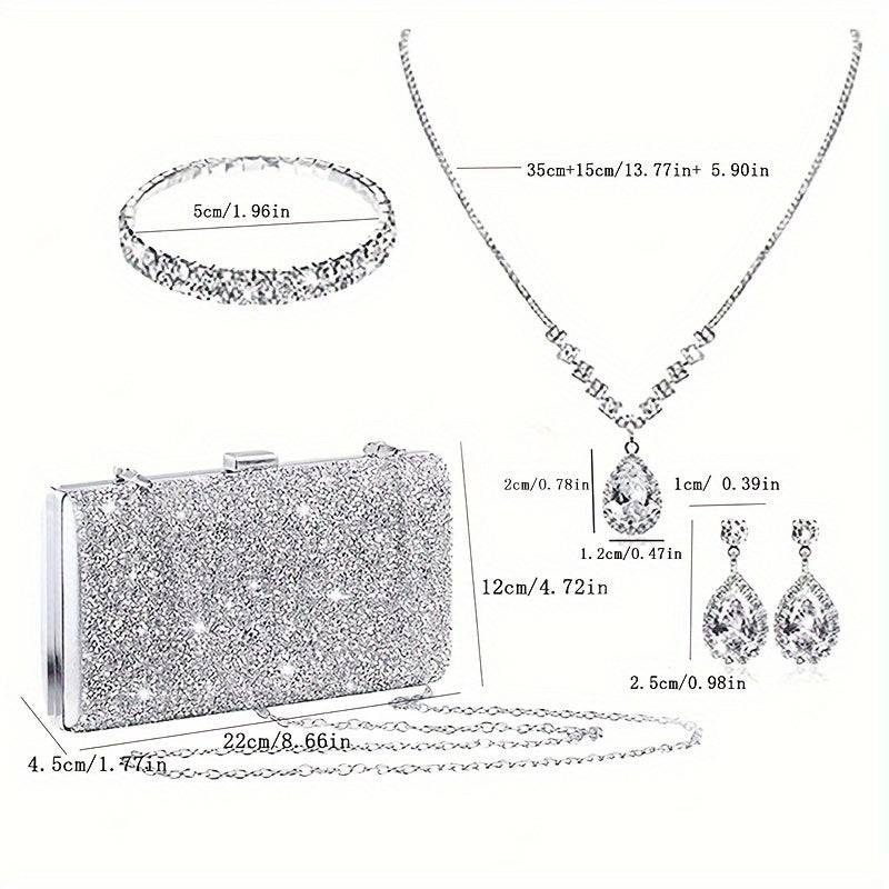 Detailed size chart of the Luxury Evening Bag & Jewelry Set including clutch, necklace, earrings, and bracelet dimensions.
