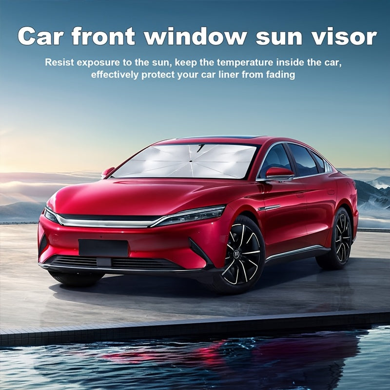 Foldable car windshield sun shade umbrella for front windows, blocks UV rays and heat, fits most car models