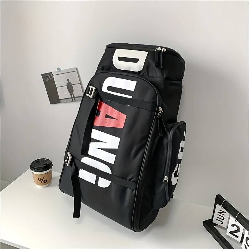 Black large travel backpack with red and white DUANI print, featuring side pockets and durable Oxford fabric construction.