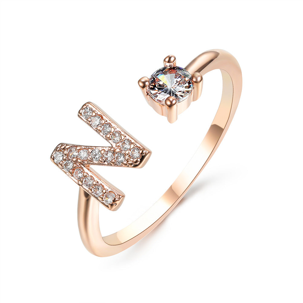Anillo de letra ajustable con circonitas y diseño inicial de 26 para mujer