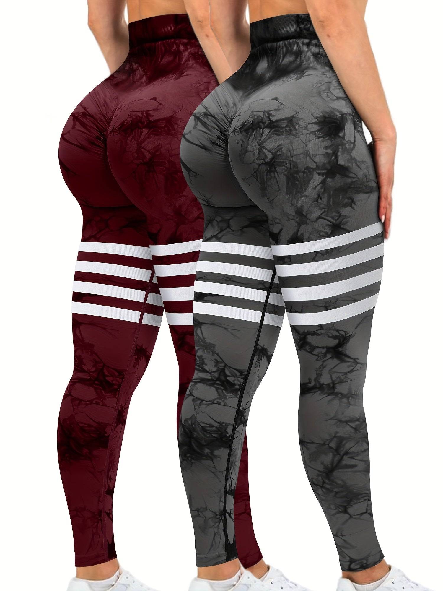 2-Pack Women's High-Waisted Tie-Dye Leggings, Striped Scrunch Butt Lifting Seamless Compression Pants for Gym and Workout
