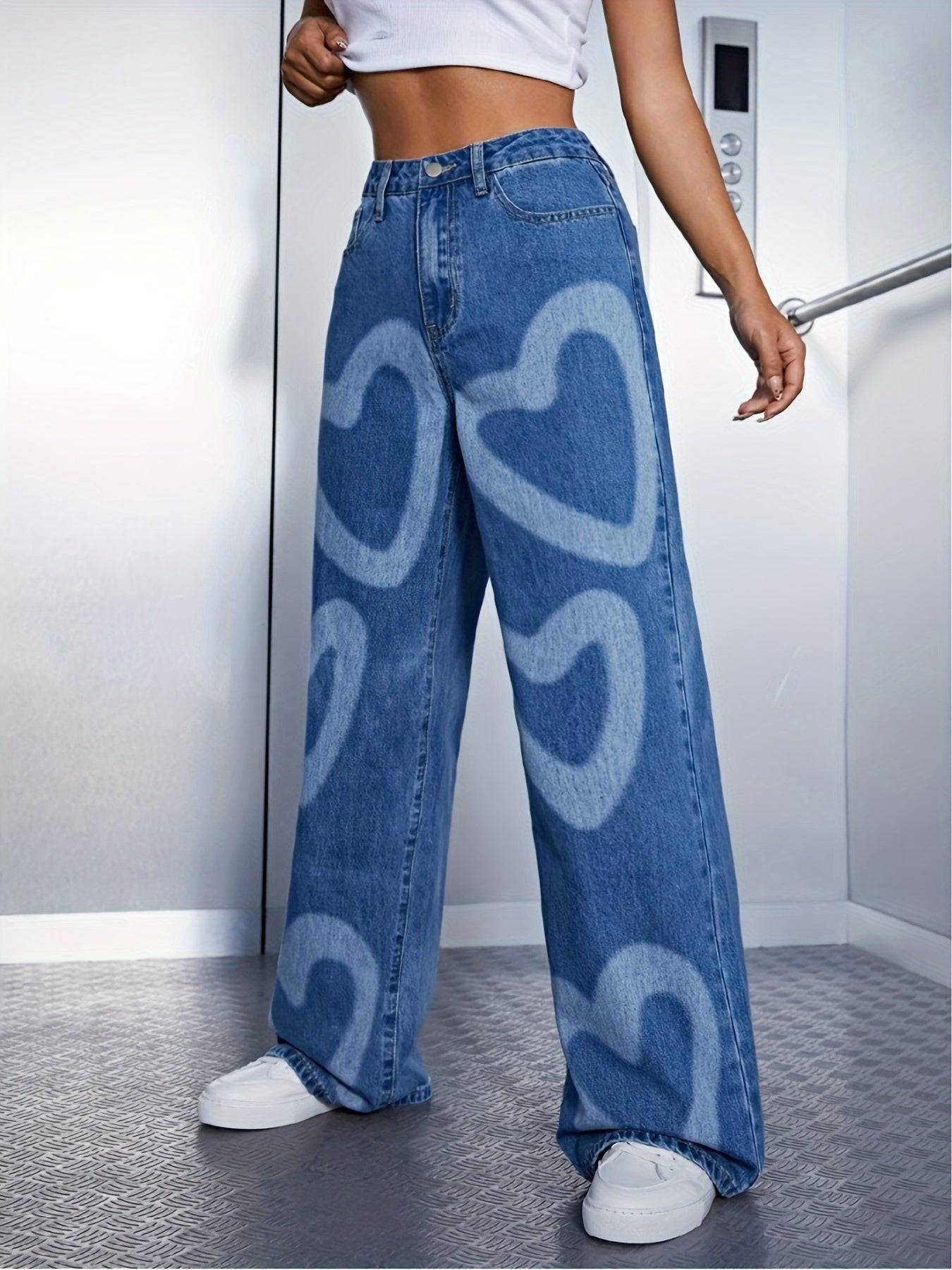 Women’s High-Waisted Wide-Leg Jeans Light Blue Denim with Heart Print Casual Loose Fit