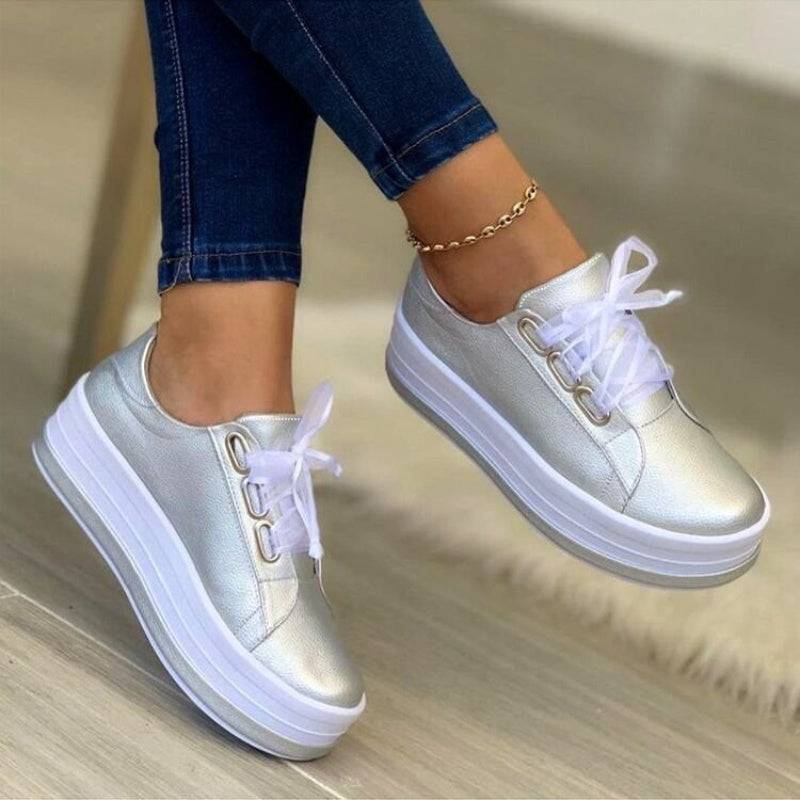 Women’s Chunky Platform Sneakers with Slip-Resistant Rubber Sole, Lace-Up Synthetic Upper & Cushioned Footbed, All-Season Black Shoes