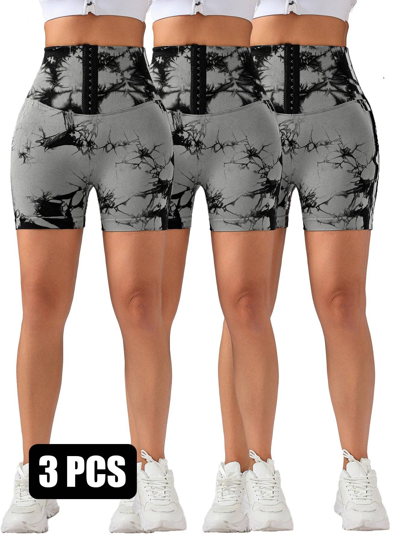 3 Pack Seamless Tie Dye High Waist Shorts Tummy Control
