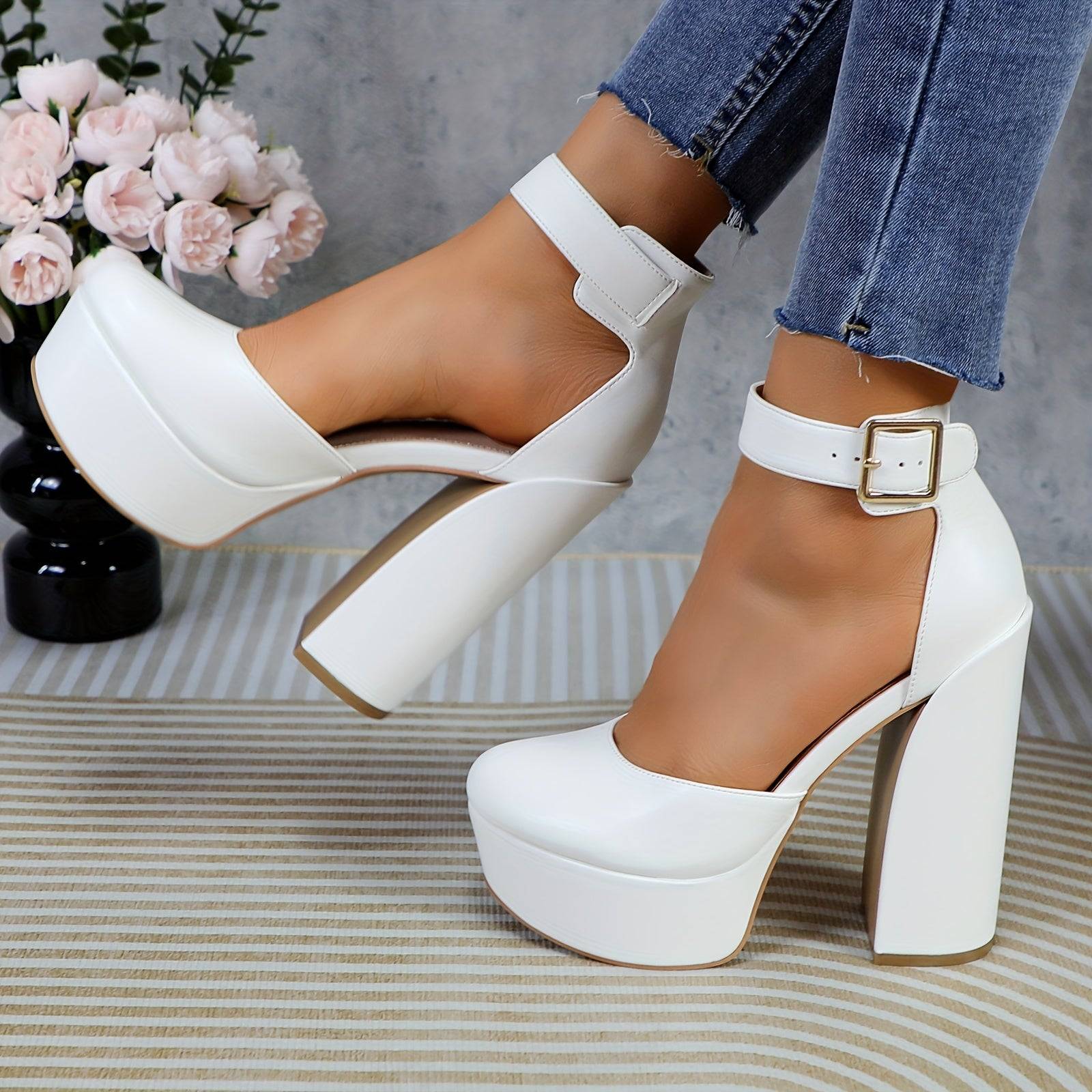 Women's Pink Platform Mary Jane Pumps, Chunky Block Heel with Adjustable Strap, Closed Toe PU High Heels for Parties and Weddings