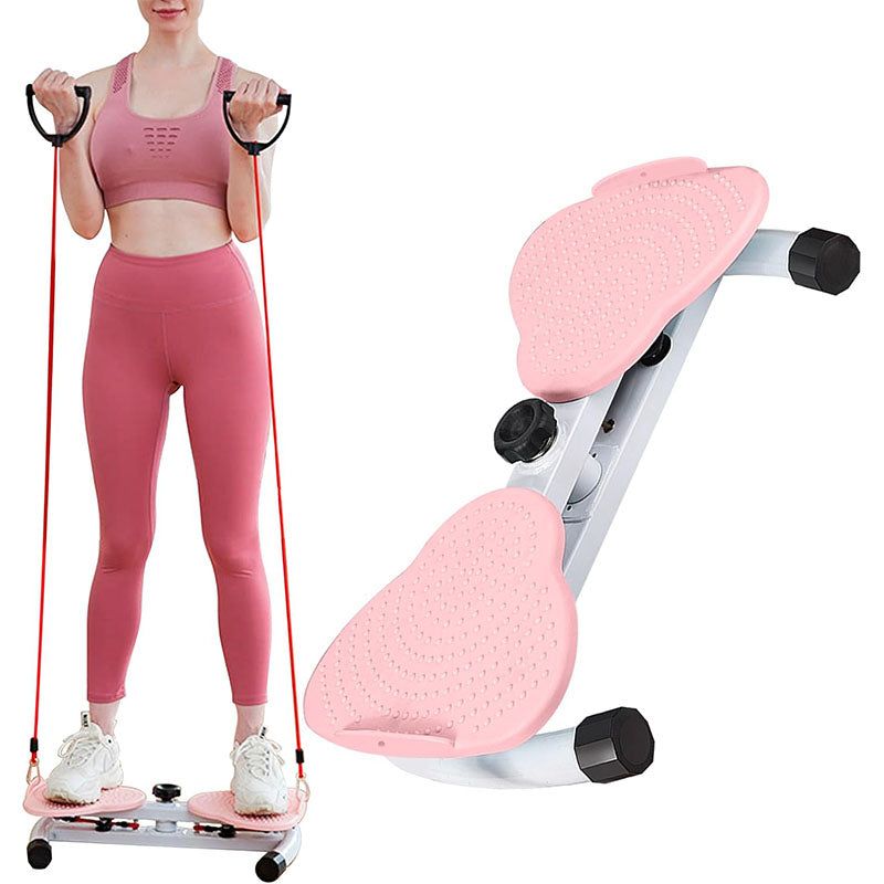 Woman using Waist Twist Exercise Machine with resistance bands for full-body home fitness. Features pink foot massage pedals.