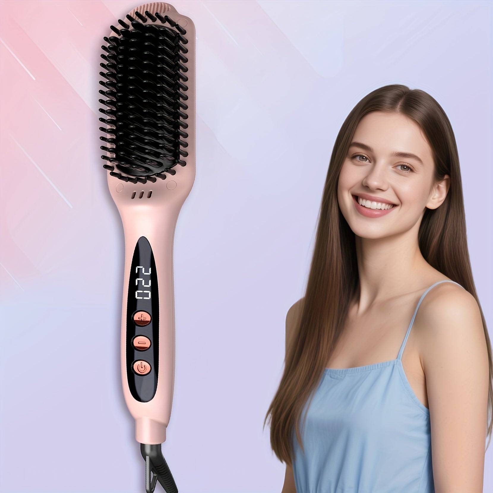 Hair Straightener Brush with Ionic Technology, Ceramic Heated Comb with 12 Temps & Dual Voltage, Flat Iron Brush for Thick Curly Hair, Rose Gold