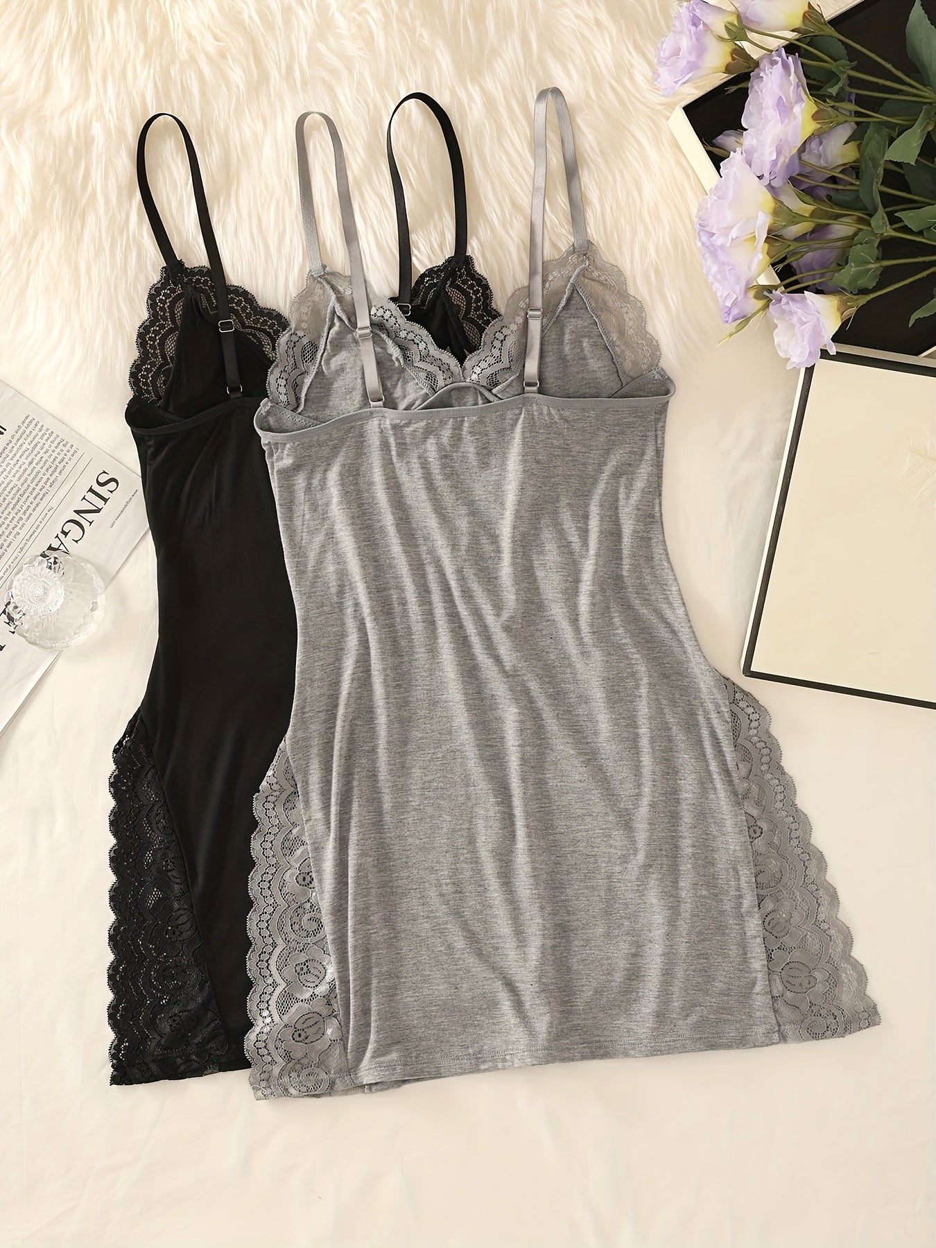 2-Pack Women's Lace Nightgown – Soft Modal Babydoll Sleepwear with Adjustable Straps, V-Neck & Side Slit for Summer Comfort