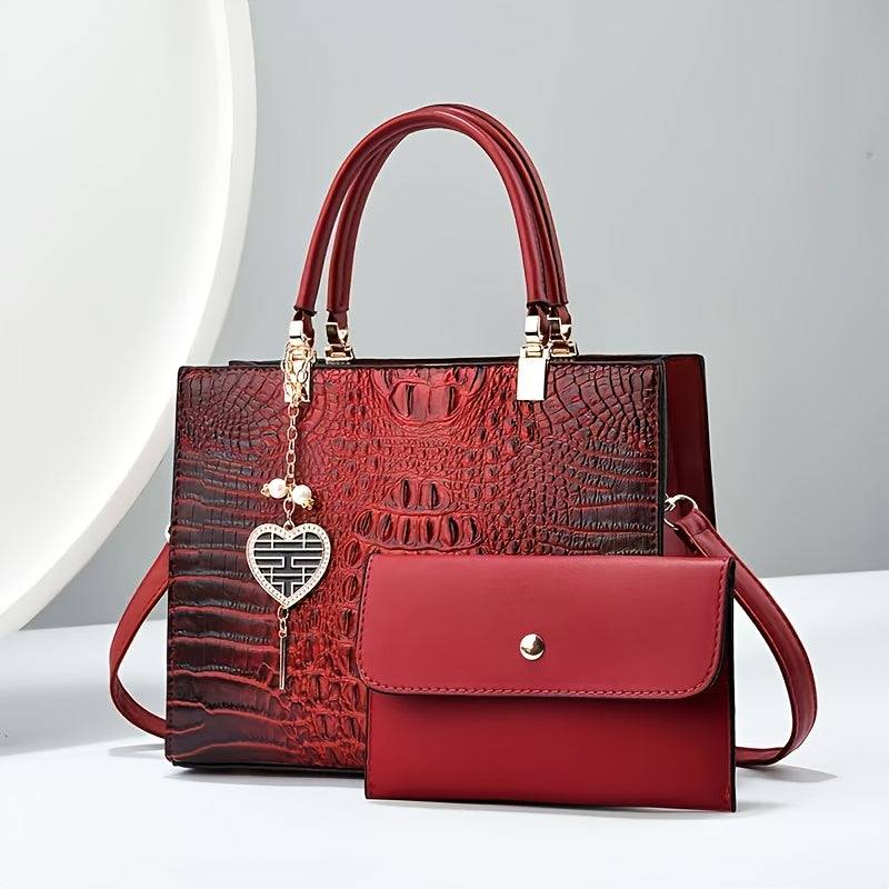 Women's Crocodile Pattern Shoulder Bag Elegant Faux Leather Messenger Purse for Daily & Evening Use