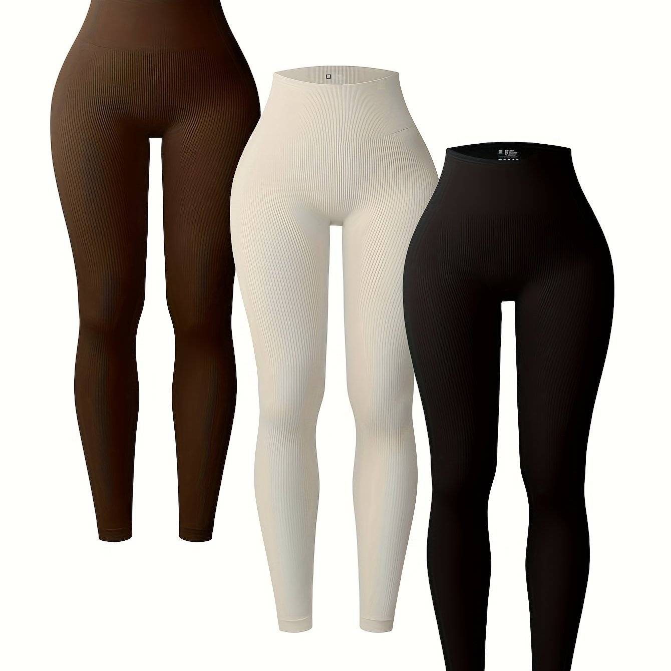 3-Pack Women's High-Waist Ribbed Leggings, Seamless Tummy Control Pants for Gym and Running, Stretchy Nylon-Spandex Blend Activewear