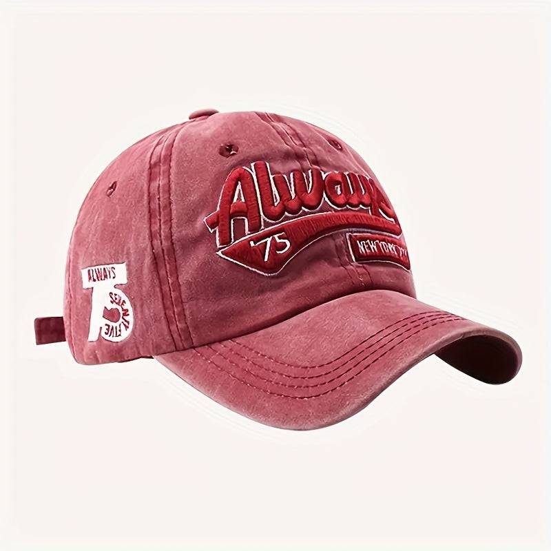 Red 'Always' letter design baseball cap with side embroidery, one of 6pcs lightweight sun hats for hiking and outdoor adventures.