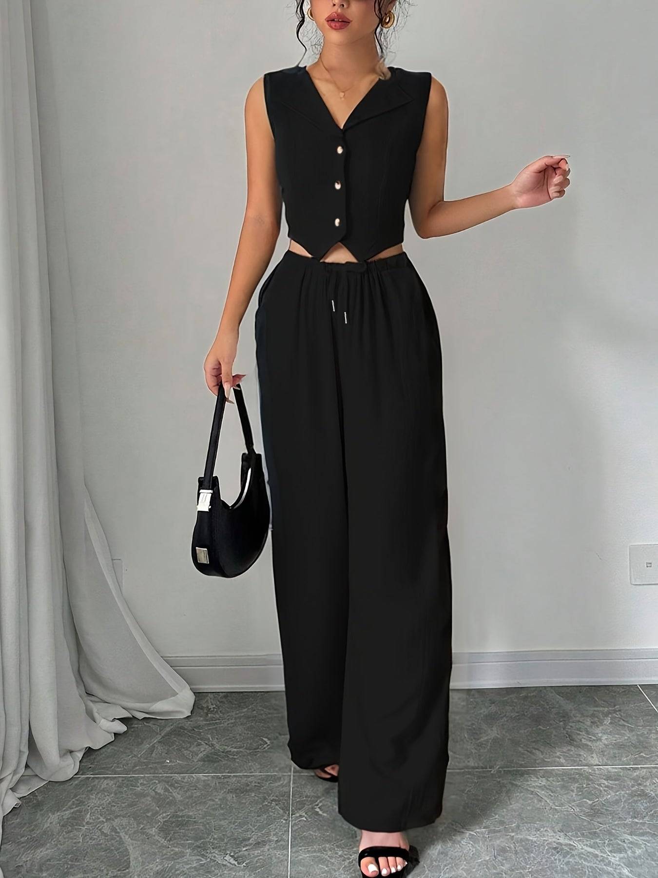 Women’s Two-Piece Set – Sleeveless Blazer Collar Top & Casual Pants for Work, Outings & Holidays