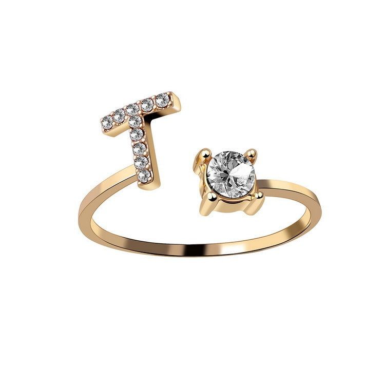 Adjustable Letter Ring with Zircon 26 Initial Design Women