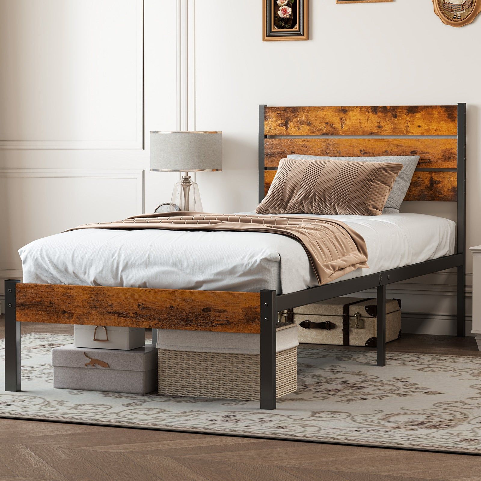Metal Platform Bed Frame with Headboard and Footboard