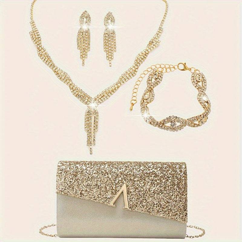 4pcs Elegant Dinner Set – Glossy Flip Cover Clutch Bag with Rhinestone Earrings, Necklace & Bracelet for Weddings and Formal Events