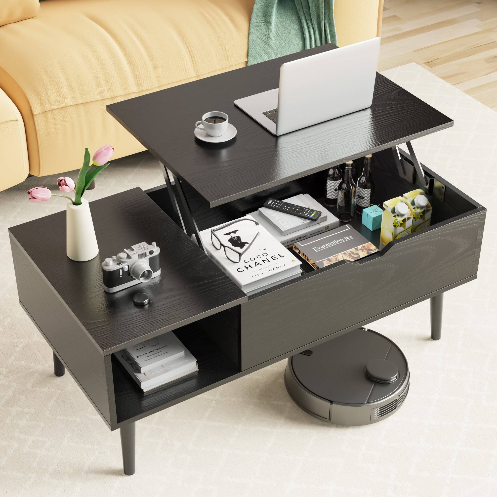 Lift Top Coffee Table With Storage And Side Shelves