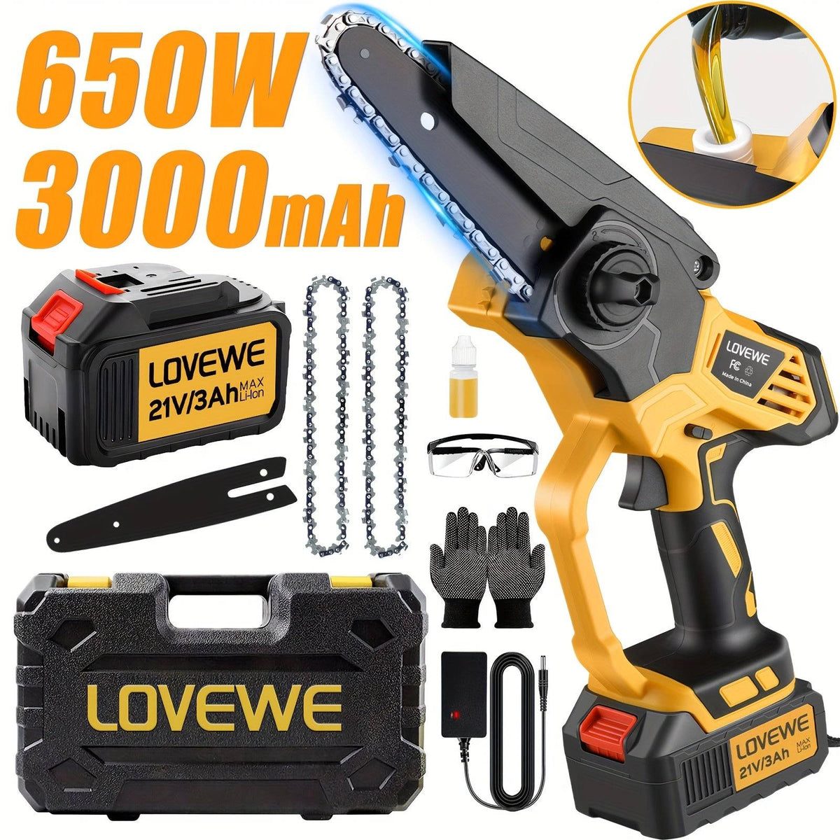 6-Inch Cordless Mini Chainsaw Handheld Electric Saw with 3.0Ah Battery 23FT/S Speed, Automatic Chain Tensioning & Auto Oiler for Tree Branch & Garden Work