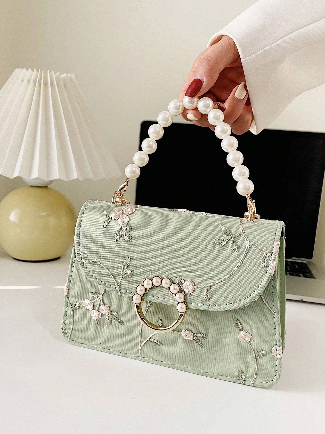 Women’s Small Square Bag with Pearl Handle Embroidered Design and Lace Chain Crossbody Strap