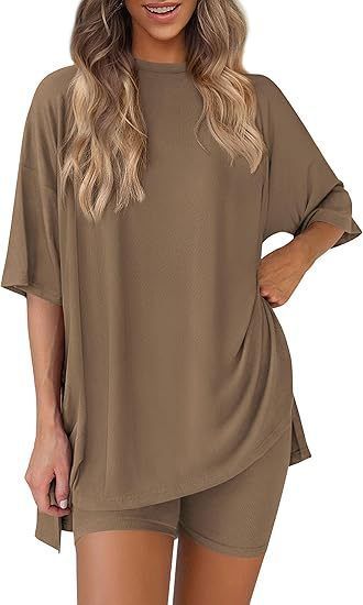 Women’s Two Piece Set Crew Neck Top and Loose Shorts