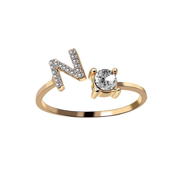 Adjustable Letter Ring with Zircon 26 Initial Design Women