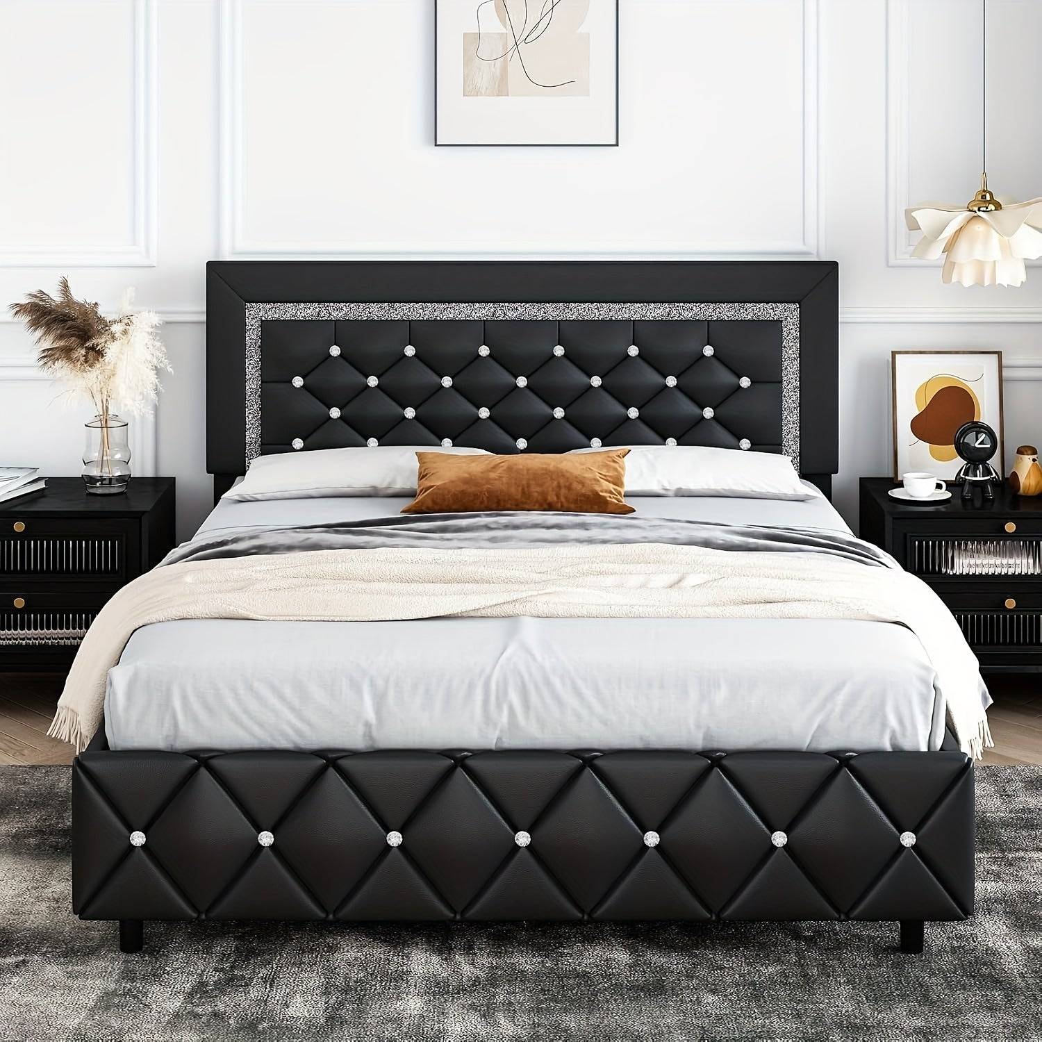 Upholstered Platform Bed Frame with Button Tufted Diamond Headboard, Padded Design, Wooden Slat Support, Easy Assembly
